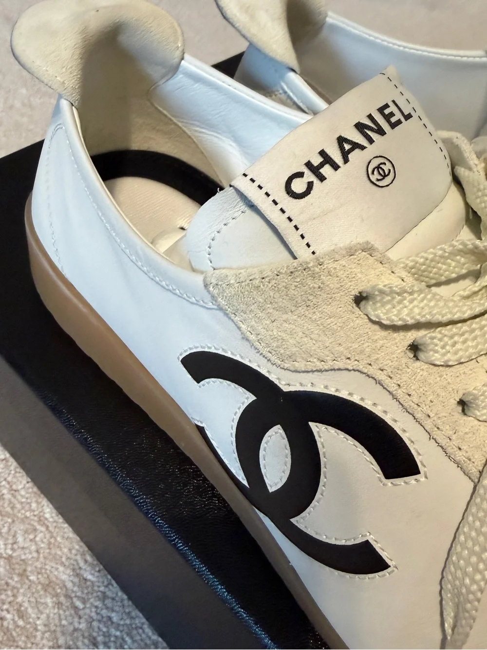 CHANEL White & Black Leather Sneakers